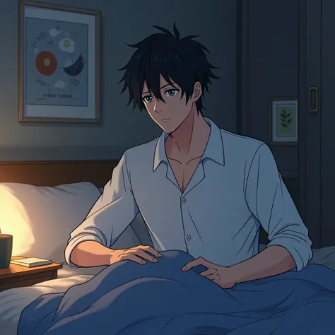 Adult male anime character with black hair getting ready to sleep in his bedroom 