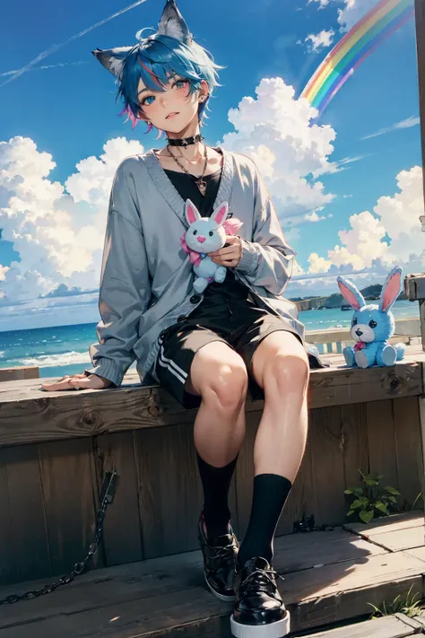 Femboy, rainbow hair, wolf cut, heterochromia, one silver eye, one blue eye, bandaids on face, rainbow tutu, cloud cardigan, care bear shirt, one kitten sock, one rainbow sock, white fishnets, holding bunny stuffed animal, multiple piercings, wolf cut, boy...