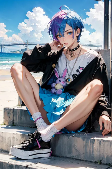 Femboy, rainbow hair, wolf cut, heterochromia, one silver eye, one blue eye, bandaids on face, rainbow tutu, cloud cardigan, care bear shirt, one kitten sock, one rainbow sock, white fishnets, holding bunny stuffed animal, multiple piercings, wolf cut, boy...