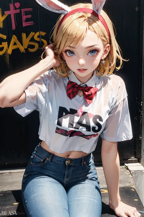 vibrant colors,depth of field,solo,1girl, 💫, ⭐️, 🌟, ✨, street-wear,VANS, cropped t-shirt, pants,gyaru, earrings, piecing, (flashy accessory), fashionable attire,  (fashion model posing:1.3), dynamic angle, seductive glance, confident expression, lovely, al...