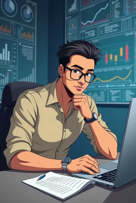 I want a picture of an anime character, a man with an Arabic skin tone, short hair, combed back, wearing glasses, a beige shirt, and a silver watch. He sits at a desk with a notebook, pen, and laptop on it, and behind him is a board showing his analysis of...