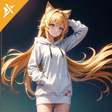 Best Quality, masterpiece, High resolution, 8k, Anime style girl with hoodie, One Girl, Detailed line drawing, Bright white and bright amber styles, Digital Enhancement, close, Anime Core, Flowing fabric　Cat ears