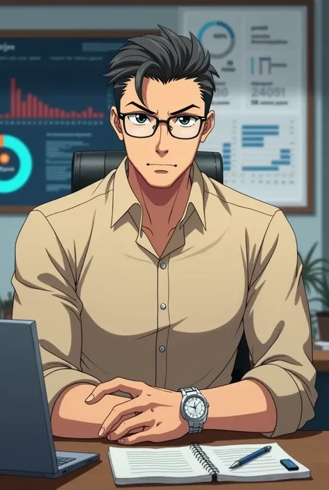 I want a picture of an anime character, a man whose skin color is Arabic, his hair is short, his hair is combed back, he is wearing glasses, he is wearing a beige shirt, and a silver watch. He is sitting at a desk with a notebook, a pen, and a laptop, and ...