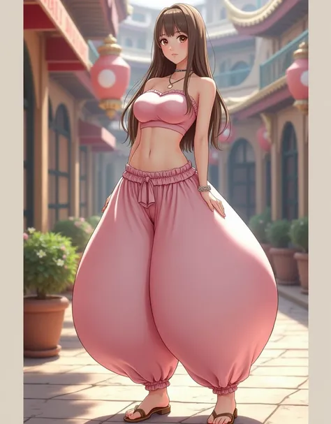 Busty Pretty Japanese Girl, solo, fullbody, Skinny, Brown Eyes, Light Brown Long Straight Hair in a Hime Cut with Blunt Bangs and Blunt Tips, Gigantic Cleavage Breasts, Extremely Large Breasts, Super Humongous Breasts, Huge heavy breasts, Deep Cleavage, M-...