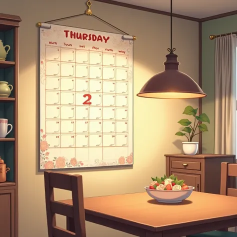 Anime image of calendar showing Thursday highlighted hanging on dining room wall