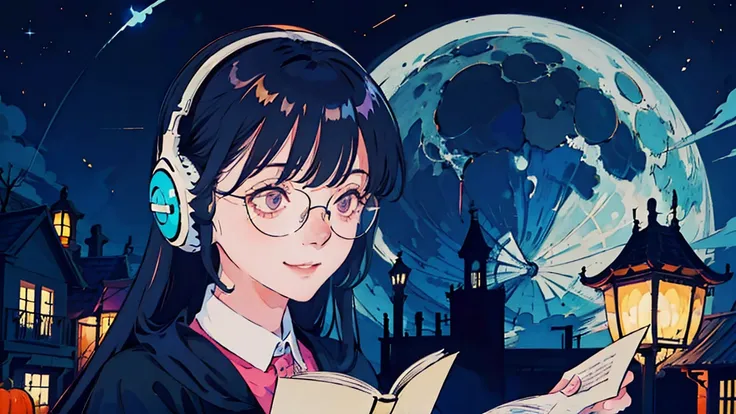 anime　girl　Black Hair　Glasses　Shooting her from afar　smile　Headphones　Short　night景がきれいなカフェ　 night　The moon is big　Shooting Star　Bats are flying　Reading a book　The streets are Halloween