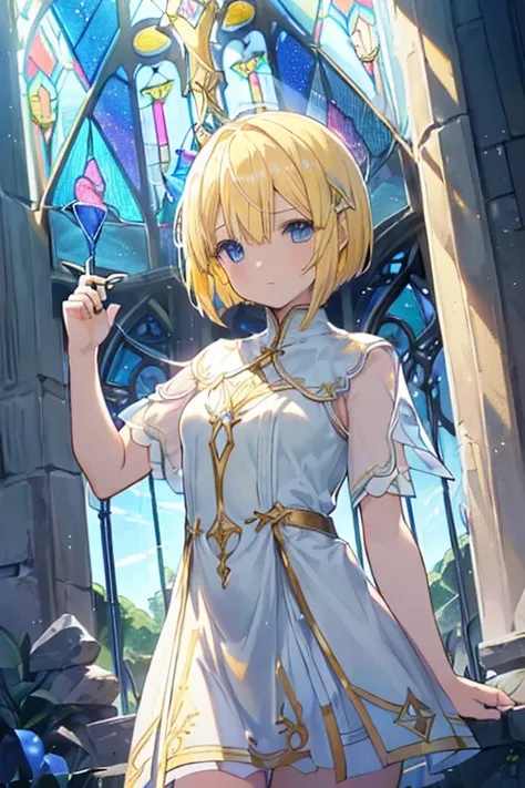 ((((Arthur　Sword of Light、Stick it in stone　close))))　(((Yellow Hair、Short Bob　blue eyes　White Dress　Goddess of Victory)))　((Immersed in light))　(Stained Glass、Shine　Illuminated from above　Front)　Shineエッジ　Shine背景