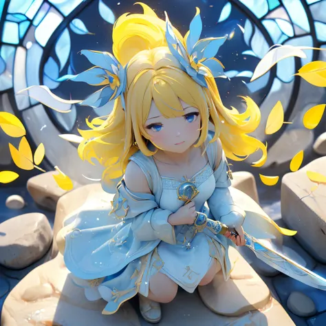 ((((Arthur　Sword of Light、Stick it in stone　close))))　(((Yellow Hair、Short Bob　blue eyes　White Dress　Goddess of Victory)))　((Immersed in light))　(Stained Glass、Shine　Illuminated from above　Front)　Shineエッジ　Shine背景