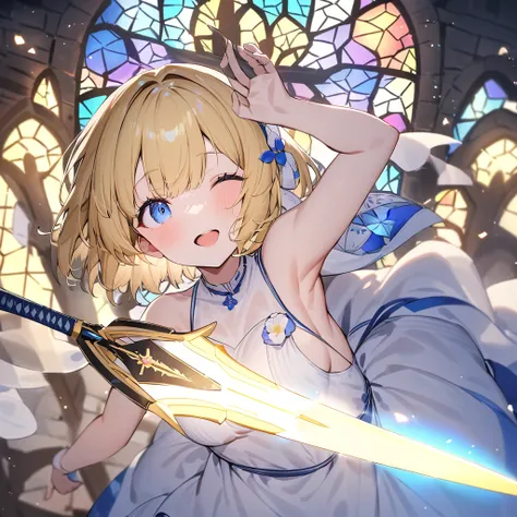 ((((arthur　sword of light、stick it in stone　close))))　(((yellow hair、short bob　blue eyes　white dress　goddess of victory)))　((imm...