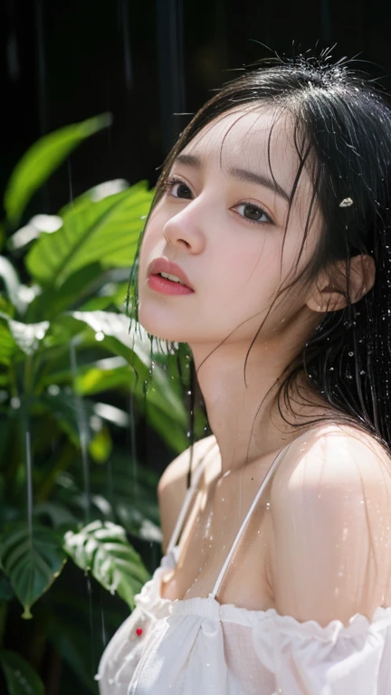 Browsing Caution,Best Quality,Ultra-high resolution,Sudden rain makes me soaked,1 person,whole body,Black Hair, Cute appearance,Gazing at the sky,Wet Hair、濡れたwhole body、Beautiful and exquisite face,Fine and beautiful skin,Skin Texture,