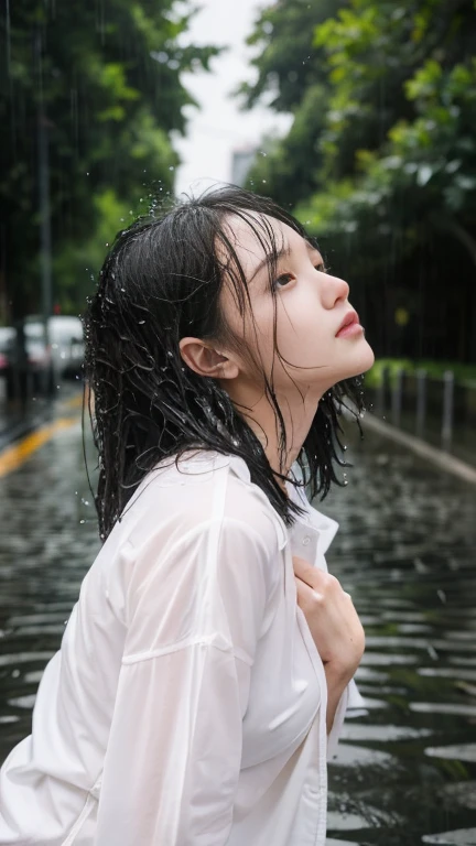 Browsing Caution,Best Quality,Ultra-high resolution,Sudden rain makes me soaked,1 person,whole body,Black Hair, Cute appearance,Gazing at the sky,Wet Hair、濡れたwhole body、Beautiful and exquisite face,Fine and beautiful skin,Skin Texture,