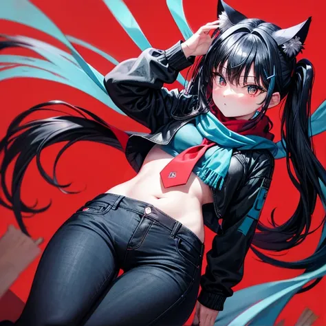 Red Eye　Light Blue Scarf　Twin tails　Black Hair　cat ears　Black leggings　light blue tie　jeans　Belly button