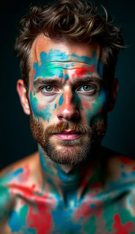 The image presents an expressive portrait of a young man, with short curly hair, and a thick beard. His face is completely covered in paint, applied in abstract and irregular brushstrokes. The colors that dominate the painting are blue, red, green and whit...