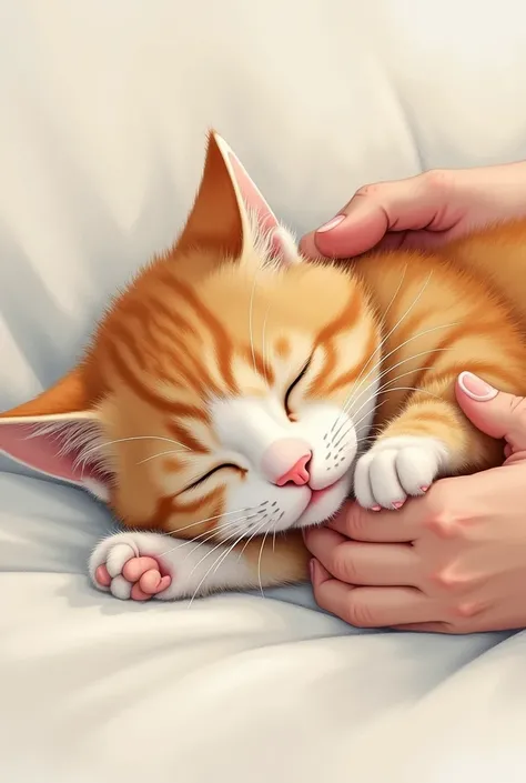 Drawings, a cat sleeping peacefully, gentle hands stroking, happy moments