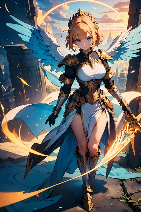 (((masterpiece, best quality, high detailed, 16k))) (1girl) a powerful angelic warrior with short golden hair and piercing blue ...