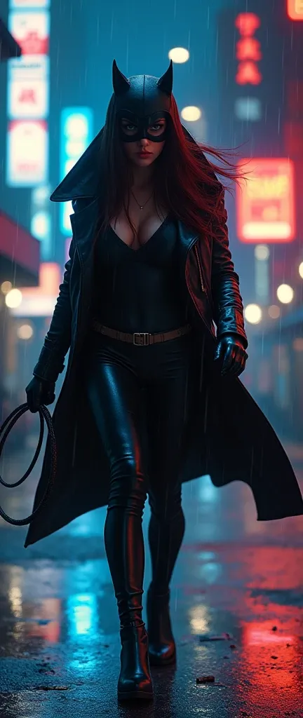 A woman in a night city, wind blowing, leather jacket, Catwoman, Rogue, whip, ((illustration style wind)), hyperealistic, detailed facial features, high quality, 8K, photo-realistic, cinematic lighting, dramatic shadows, neon lights, rainy atmosphere, mood...