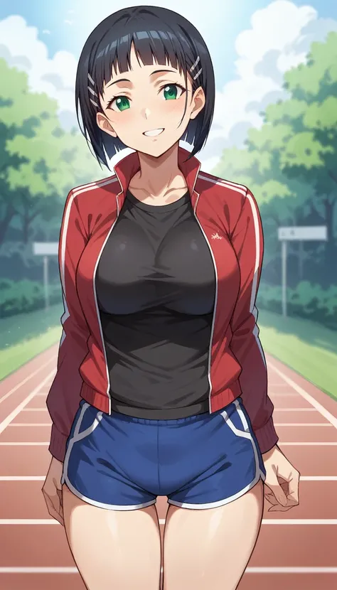 (masterpiece),((best quality)),perfect face ,((low light)),
Kirigaya suguha,(sword art online), mature woman, short hair, large breast,green eyes, hairclip, hair ornament, black hair, suguha kirigaya, black shirt, shirt, red jacket, gym shorts, dolphin sho...