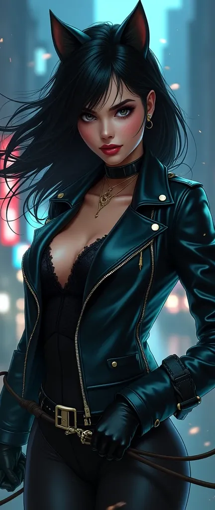 1girl, detailed eyes, detailed nose, detailed lips, beautiful woman, night city, blowing wind, leather jacket, catwoman, rogue, whip, (illustration blowing wind), (anime style:1.5), (best quality,4k,8k,highres,masterpiece:1.2),ultra-detailed,(realistic,pho...