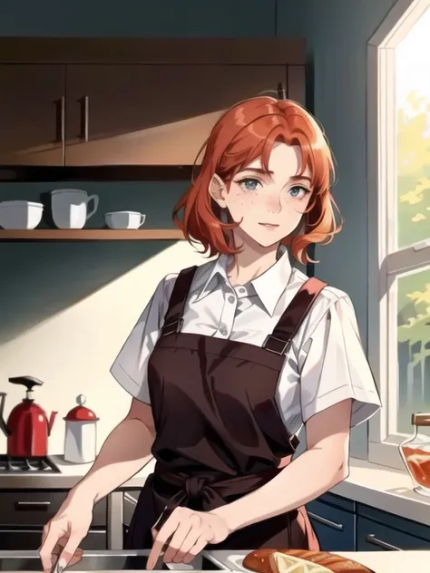 1, redhead, in the kitchen, freckles on the face, standing, beautiful clothes, beautiful face,