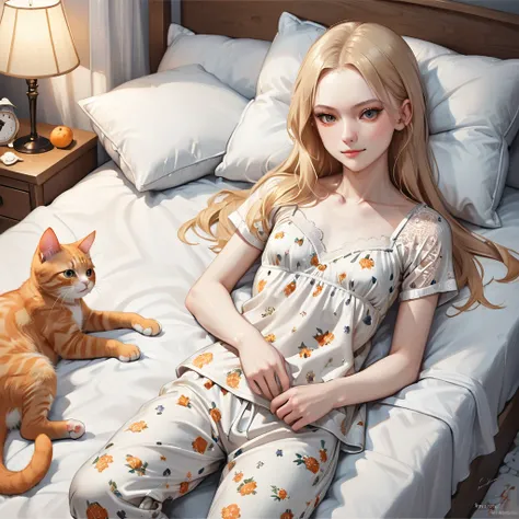 (ultra realistic illustration).Good night! Bed time. with her orange tabby kitten. Pretty 21yo Slavic woman, perfect figure, small natural breasts, blond hair, brown eyes, ((very pale:1.3)),  very light makeup, lace top, pajama pants. Tired smile. Sweet dr...