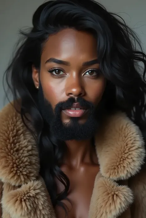 Ultra-Realistic, Precision portrait, a young dark skin bearded woman, with a natural real beard and mustache, with long hair, wears massive fur coat, no shirt underneath almost exposed, beautiful make-up, beautiful brown eyes and eyelashes, looking at the ...