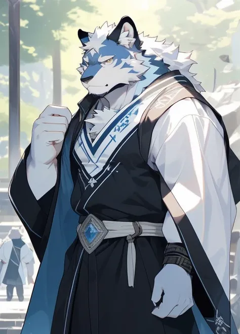 hairy，（（White Wolf：1.5）），（Wearing a light blue and white robe：1.3），（Sword at waist：1.5），Expressionless，White fur，male，Common，Full body photo， Dynamic poses，Sunlight，Detailed background，极其Practical阴影，masterpiece，Very detailed，Practical