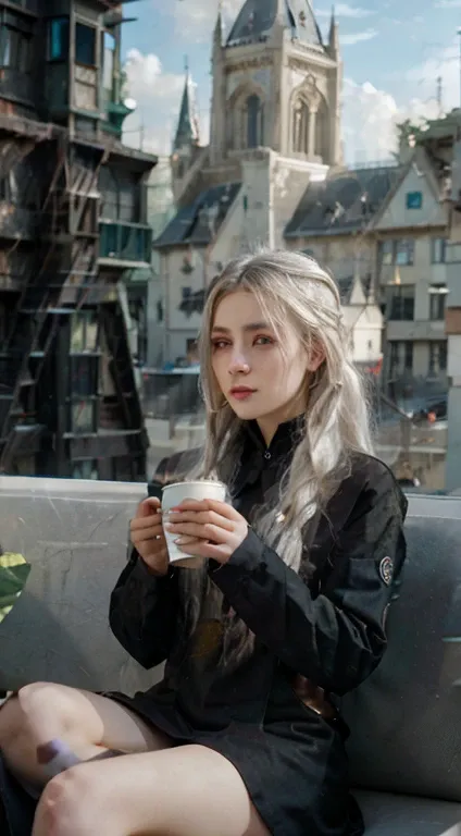 a woman sitting on a couch holding a cup of coffee, cyberpunk art, inspired by Anne Stokes, gothic art, white hair dreads, gothic castle in background, harry potter, photomanipulation, photograph of a techwear woman, her hair is white, morning coffee, clou...