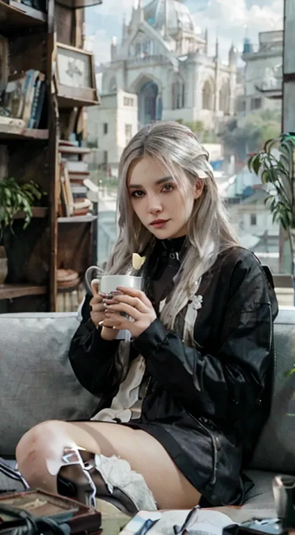 a woman sitting on a couch holding a cup of coffee, cyberpunk art, inspired by Anne Stokes, gothic art, white hair dreads, gothic castle in background, harry potter, photomanipulation, photograph of a techwear woman, her hair is white, morning coffee, clou...