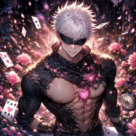 absurdres, highres, ultra detailed, HDR, master piece, Gojou Satoru, white hair, black blindfold, blindfolded eyes, black shirt, black gloves, Jujutsu Kaisen, sexy man, handsome, best quality, pink flowers, fantasy, magical, solo, clock, amnesia memories, ...