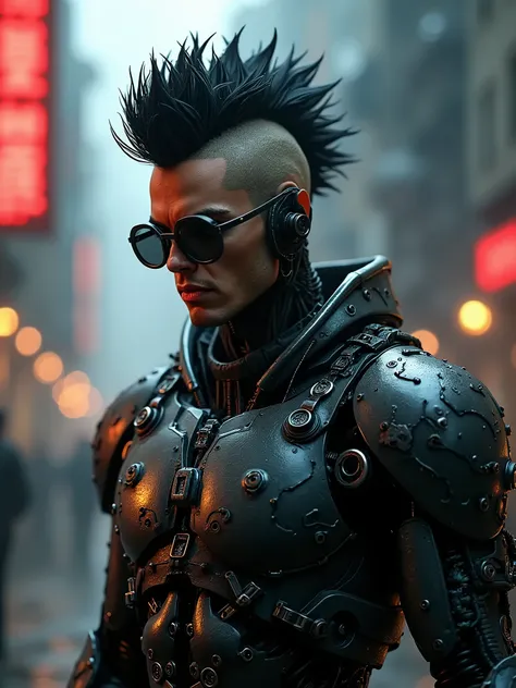 Design a powerful cyborg with an intricate exoskeleton body, featuring a humanoid head. The head should have a punk-inspired hairstyle sharp, spiky, and unruly exuding a fierce and brutal vibe. The cyborgs body remains highly detailed, with mechanical part...