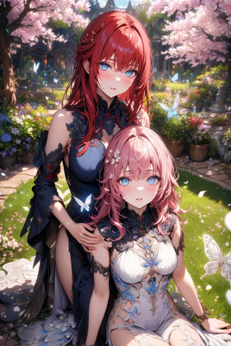 absurdres, highres, ultra detailed, HDR, master piece, best quality, extremely detailed, detailed eyes, detailed face, Devola, messy cherry red hair, expressive blue eyes, Nier Replicant, Popola, straight cherry red hair, expressive blue eyes, two woman to...