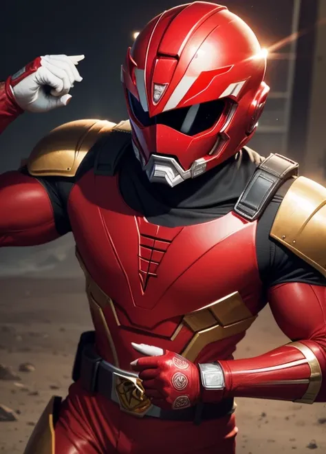 He is red power ranger, red ranger, high detailed, full suit with ranger helmet,