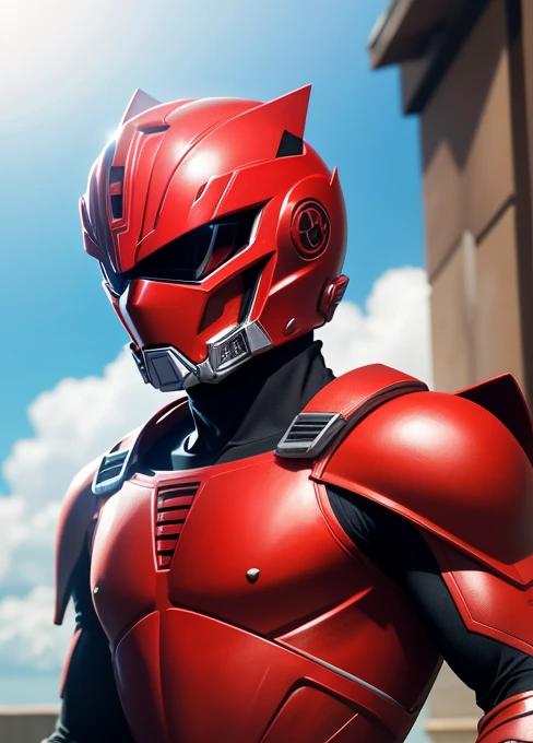 He is red power ranger, red ranger, high detailed, full suit with ranger helmet,