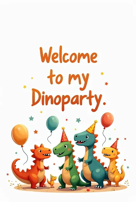 Phrase of "Welcome to my dinoparty" with white background, with animated baby dinosaur theme