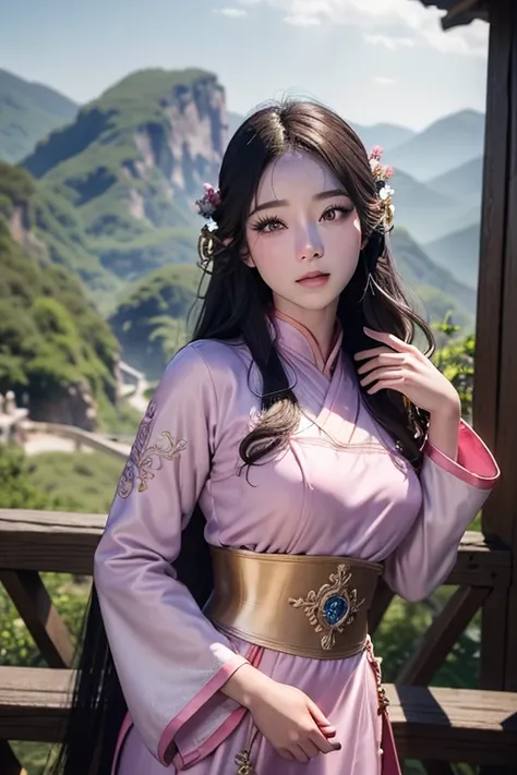 A beautiful woman from Doupo Cangqiong, Cai Lin, 1girl, long dark hair, hazel eyes, rosy cheeks, detailed facial features, elegant hanfu dress, graceful pose, fantasy landscape, lush vegetation, detailed scenery, cinematic lighting, warm color palette, int...