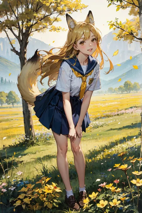 1 fox girl, citrine eyes, fox tail, fox ears, long hair, floating hair, smile, parted lips, cute, 
school uniform, 
leaning forward, head tilt, hands on own knees, 
vast field, oak tree, gold mountains, flowers, petals, windy, 
sharp focus, looking at view...