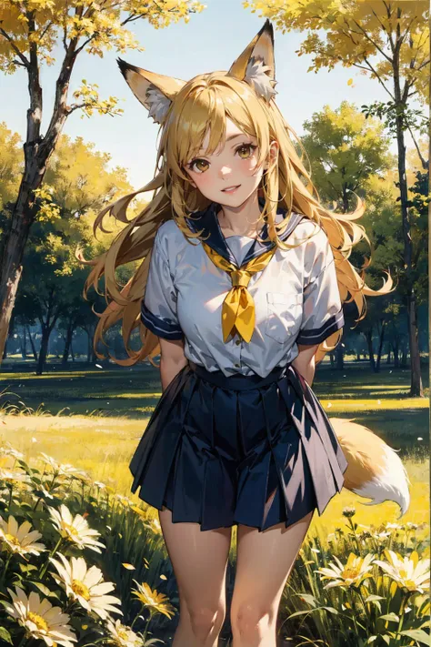 1 fox girl, citrine eyes, fox tail, fox ears, long hair, floating hair, smile, parted lips, cute, 
school uniform, 
leaning forward, head tilt, hands on own knees, 
vast field, oak tree, gold mountains, flowers, petals, windy, 
sharp focus, looking at view...