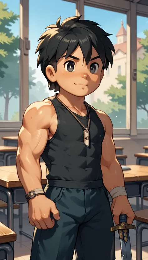 anatomically correct, highest quality,short,black hair,black eyes,necklace,young boy,primary school students,muscular,chibi,read...