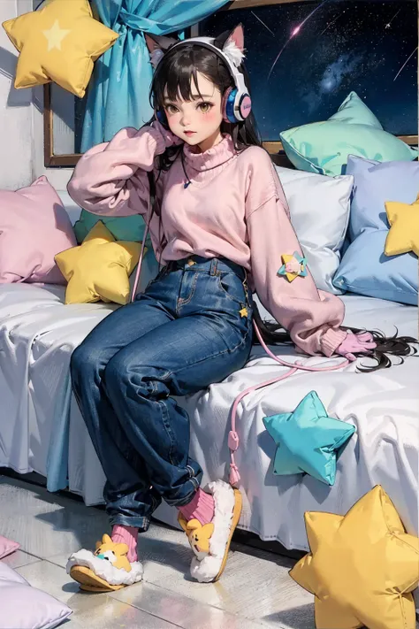 cat girl, solo, gloves, fluffy clothes, pants, sweater, sleeves, socks, slippers, pastel colors, (purple, blue, pink, yellow), cozy, dreamy, stars, stickers, bubbles, glitter, sparkles, plushies, headphones