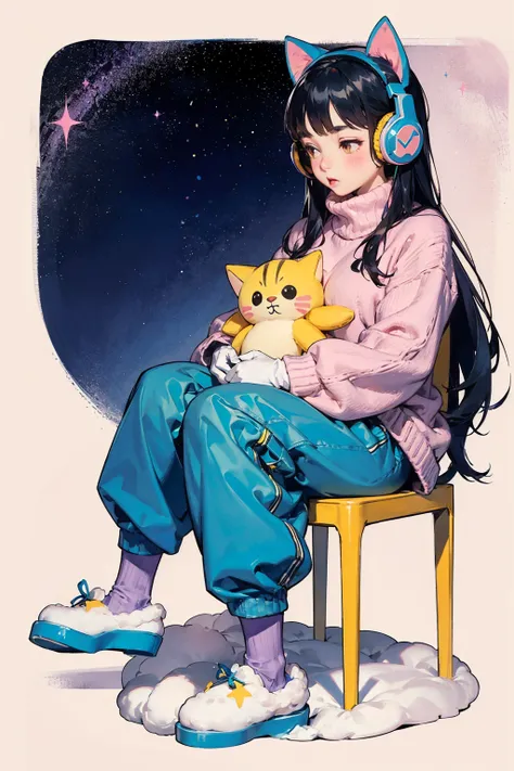 cat girl, solo, gloves, fluffy clothes, pants, sweater, sleeves, socks, slippers, pastel colors, (purple, blue, pink, yellow), cozy, dreamy, stars, stickers, bubbles, glitter, sparkles, plushies, headphones