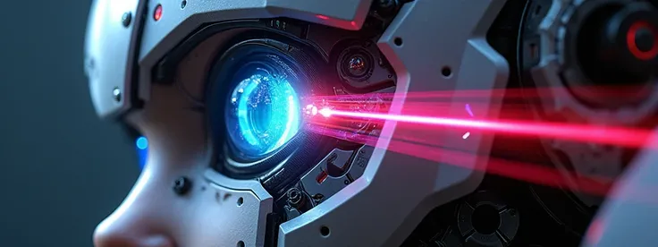 A close-up of a cool robotic mechas eye, with colorful beams of light emitting from the eye