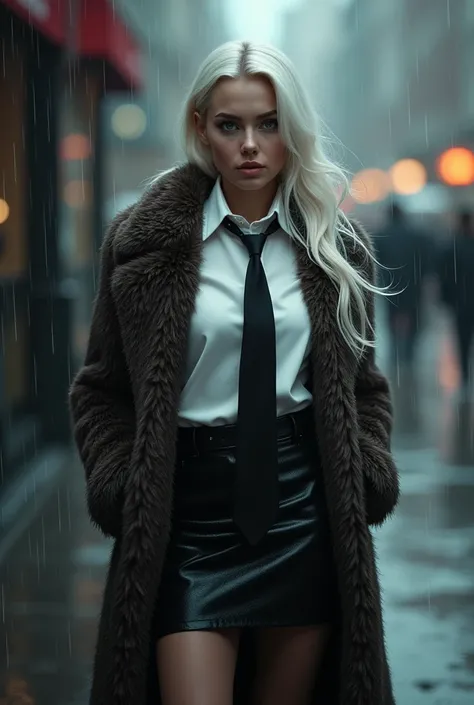 Photorealistic, high resolution, 1 Women, Solo, Waist up, Beautiful eyes, Close lips, Detailed face, White hair, Long hair, Collared shirt, black necktie,Black skirt, pencil skirts, Fur coat, Stockings, raining days and whole body are wet