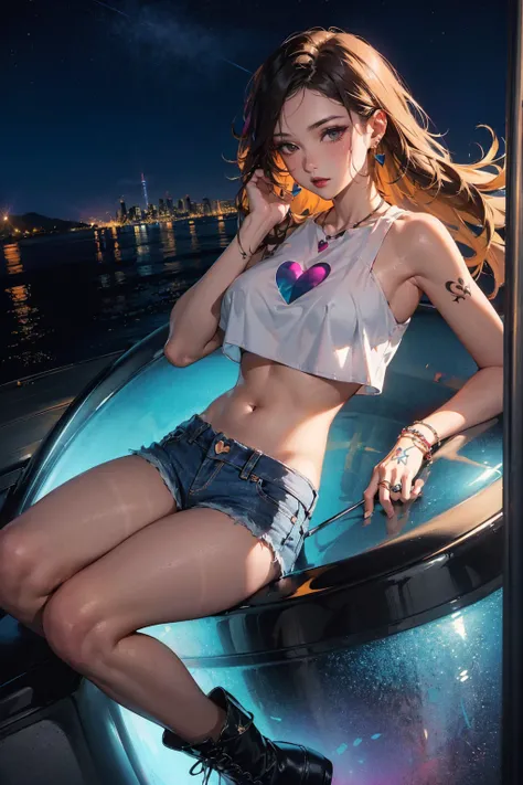 (((🌃))), 1girl, long hair, jewelry, thighs, heart, earrings, open denim shorts, eyeshadow, black boots, tattoos, heart, Light art, backlight, color light painting, dreamy style, colorful ink, (tan line), underboobl, (((crop top covering the upper part of t...