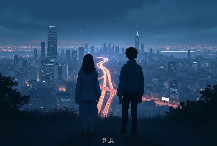 Concept Design，Head-up，Nightfall，The distant view of the city and the highway is in the middle of the picture，The protagonists stand in close-up with their backs to the camera，All elements are moved away from the camera to make it more spacious。