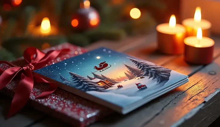 (photorealism:1.2), ultra high-definition, hyper-realistic close-up shot of a beautifully designed Christmas card, resting on a wooden table. The card features an intricate illustration of a snowy village at night, with Santa’s sleigh flying overhead. A re...