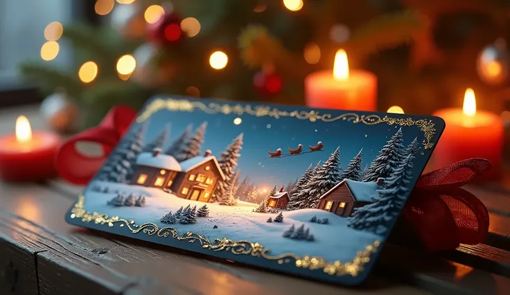 (photorealism:1.2), ultra high-definition, hyper-realistic close-up shot of a beautifully designed Christmas card, resting on a wooden table. The card features an intricate illustration of a snowy village at night, with Santa’s sleigh flying overhead. A re...