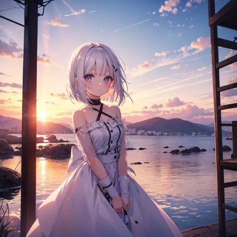 Sunset scenery, beautiful girl, exposure,  White bob hair,