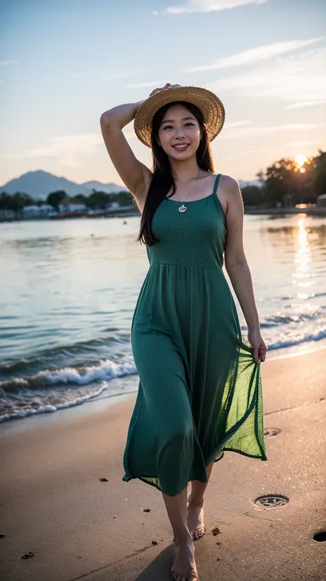 8k、High resolution、Masterpiece、Best Quality、1girl,Natural body shape、White skin、Natural Makeup、((Black Hair、Straight Long Hair))、Light green long dress、wide brim straw hat、barefoot、Walking、Looking into the camera、Head to toe portrait、Lakeside、Sunset、smile、...