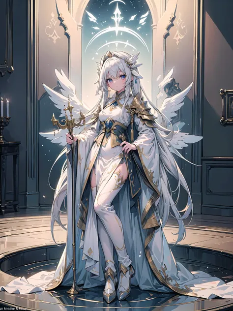 (((masterpiece, best quality, high detailed, 16k))) (1girl) A graceful and serene angel with long flowing white hair, her eyes glowing with a calm light. She wears silver robes with soft armor beneath, and her wings glow with a radiant silver hue. In her h...