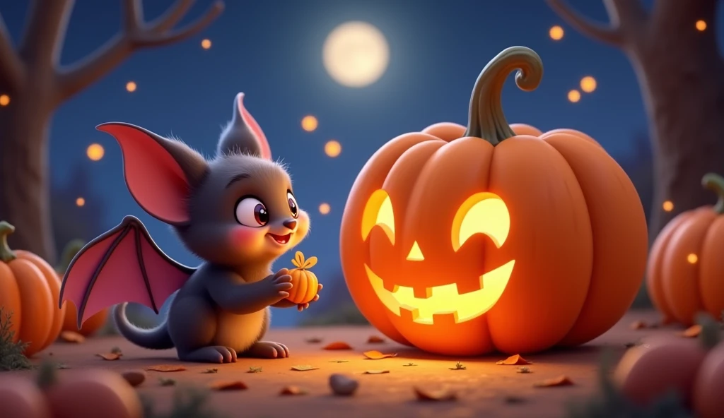 A cute bat giving something to a cute animated pumpkin 